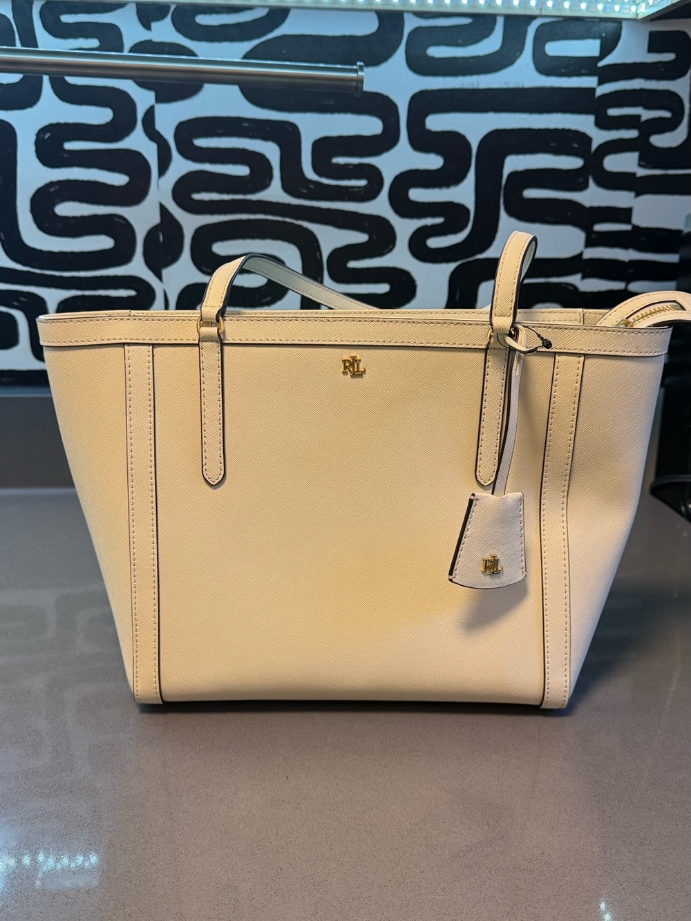 Ralph Lauren Cream Saffiano Leather Tote with Gold Hardware